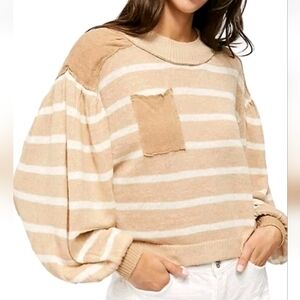 Free People Linen Blend In Between The Lines Balloon Sleeve Sweater Top